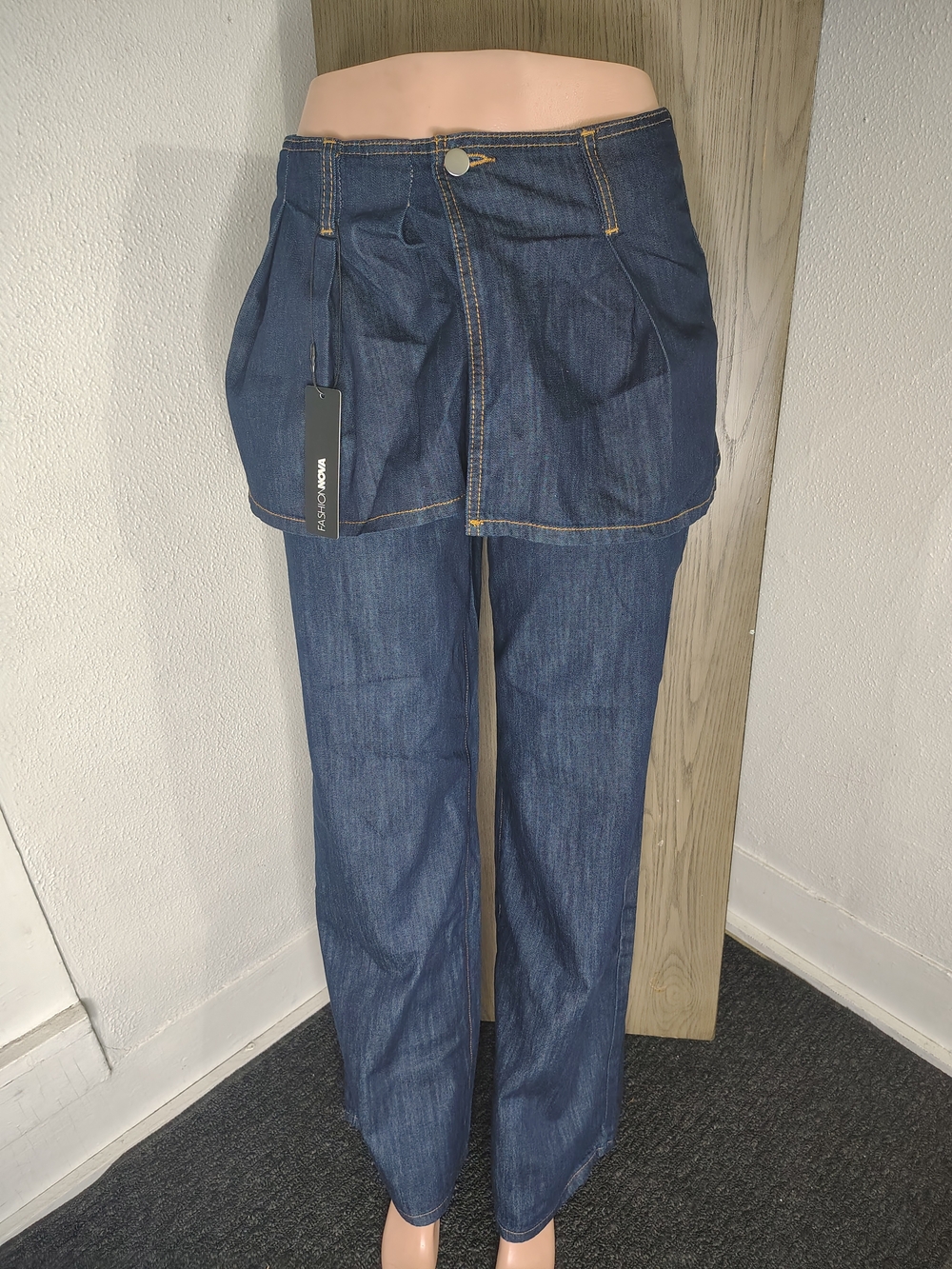 Fashion Nova Dark Blue Skirt-Overlay Wide Leg Jeans
